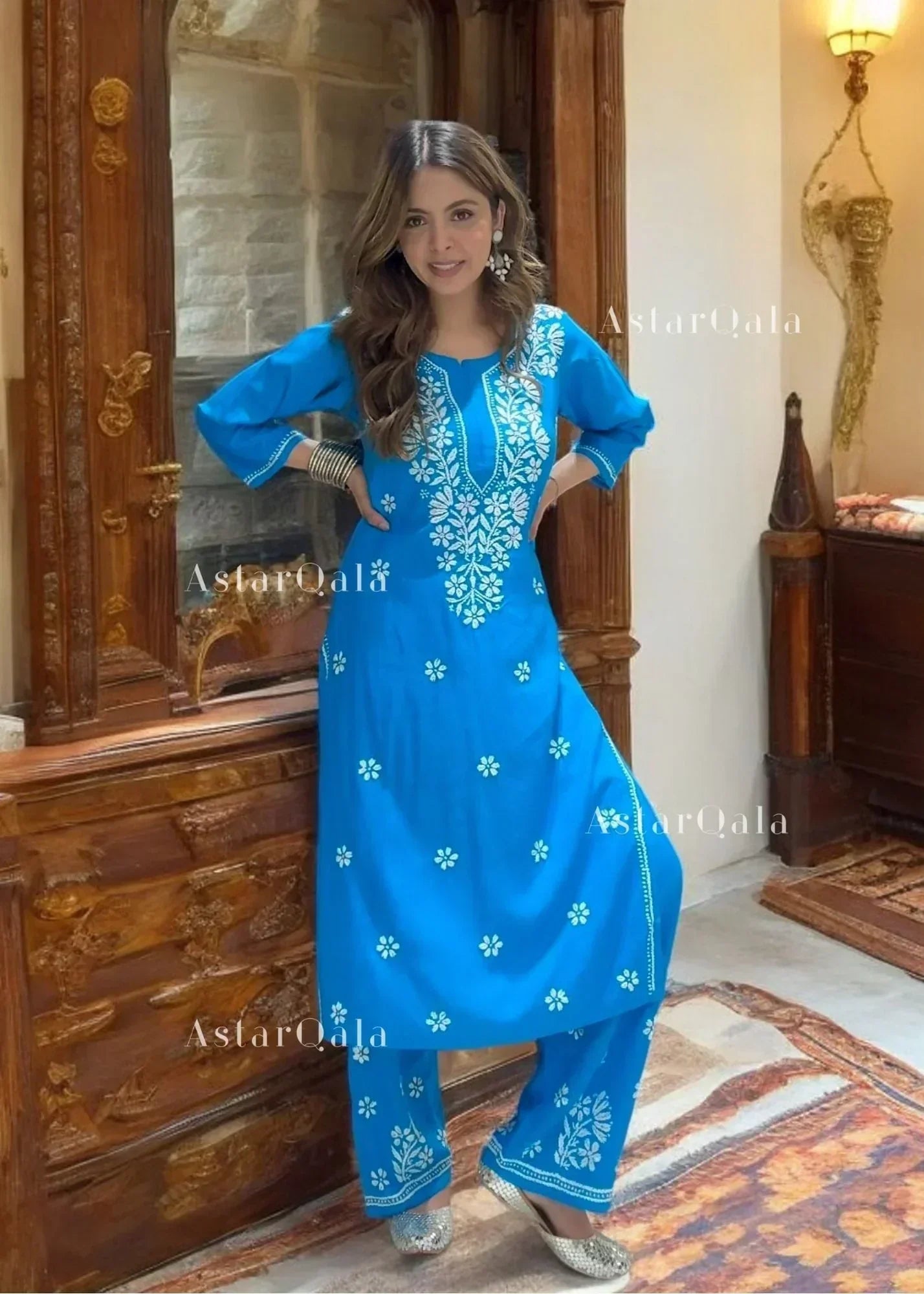 Eshwari Dark Blue Cotton Chikankari Straight Kurta Set