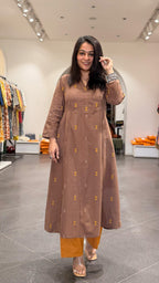 Amirah Hand Woven Kali Kurta In Cotton - Brown