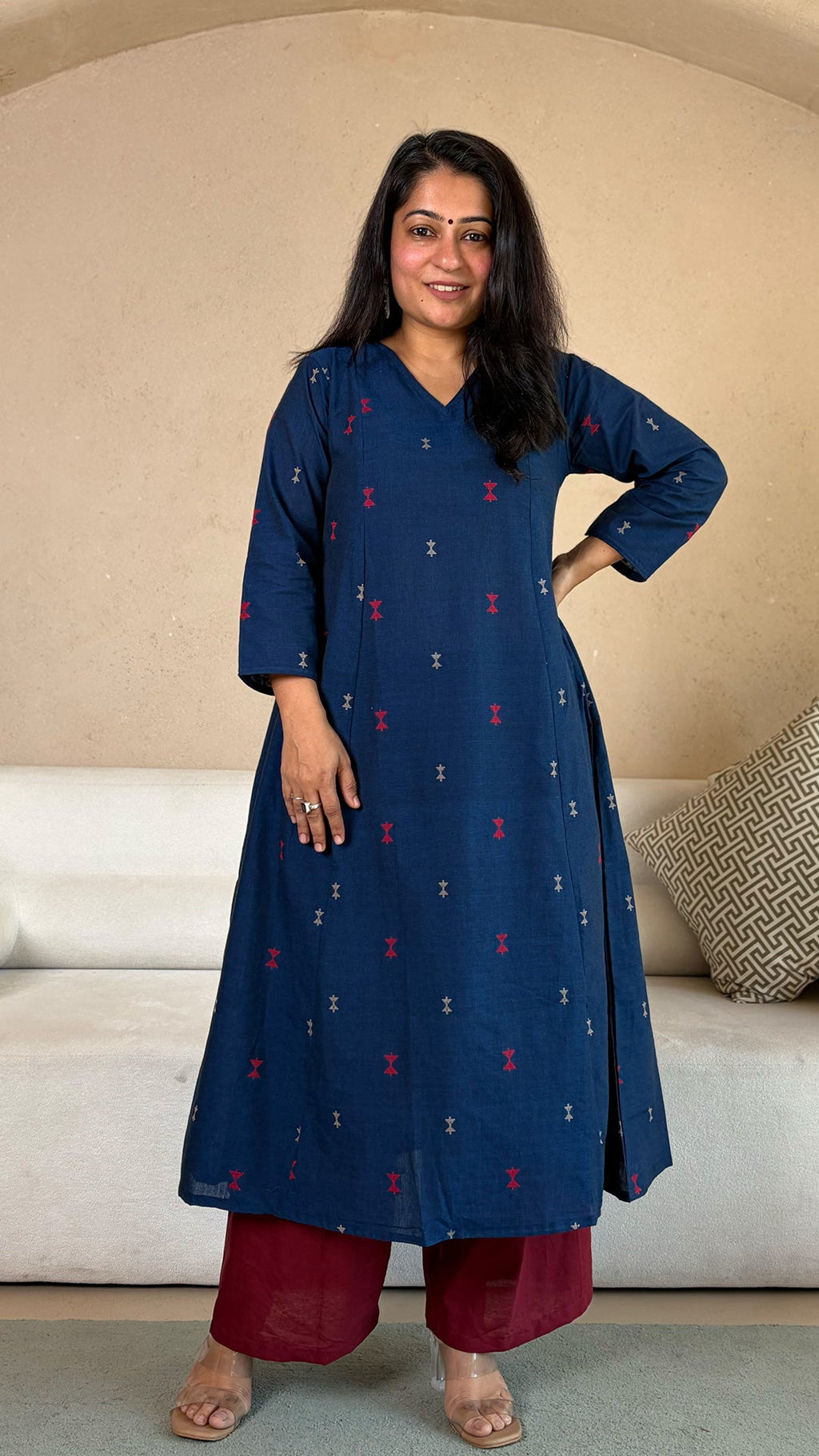 Azal Hand Woven Kali Kurta In Cotton - Navy Blue