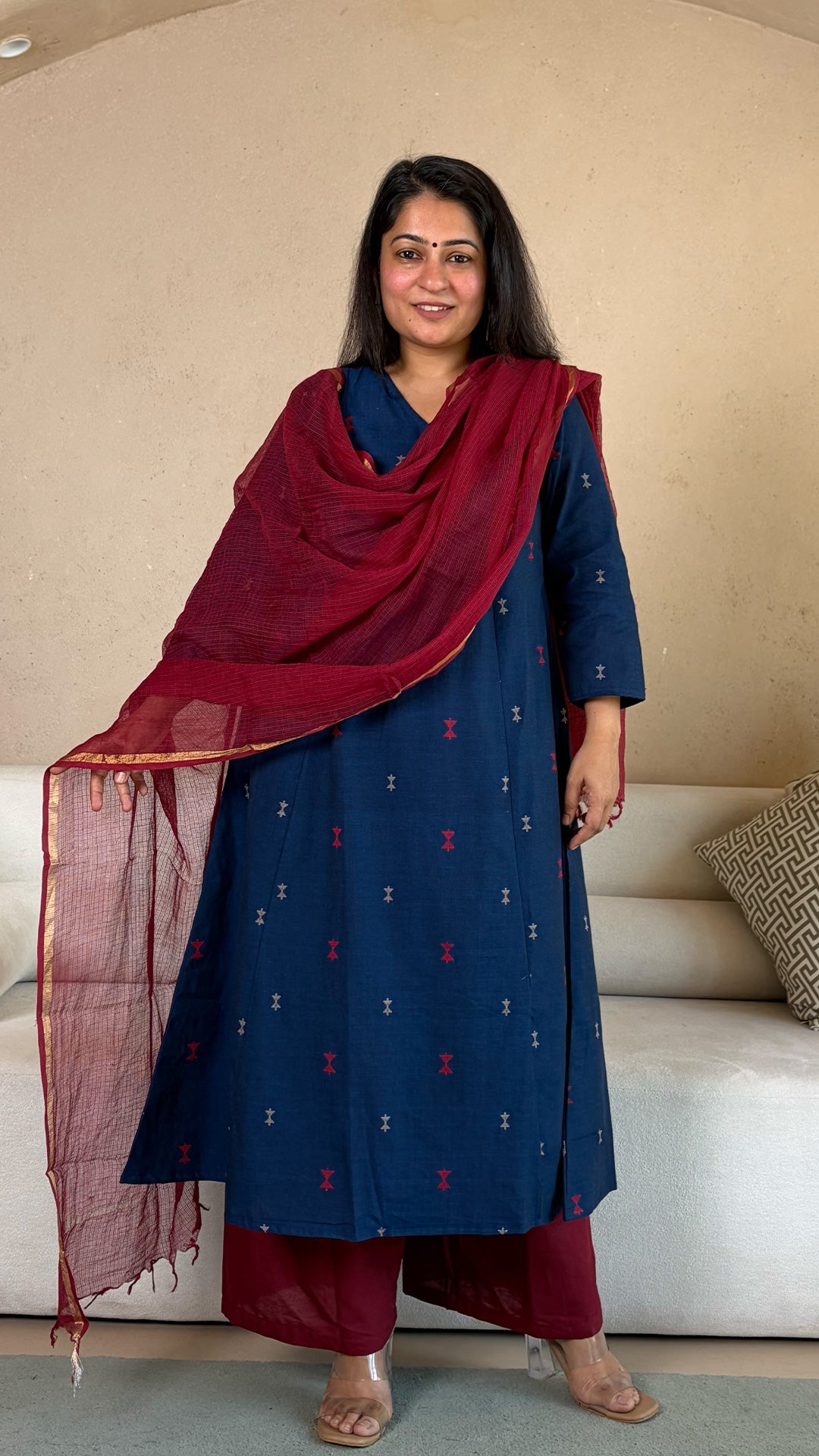 Azal Hand Woven Kali Kurta In Cotton - Navy Blue