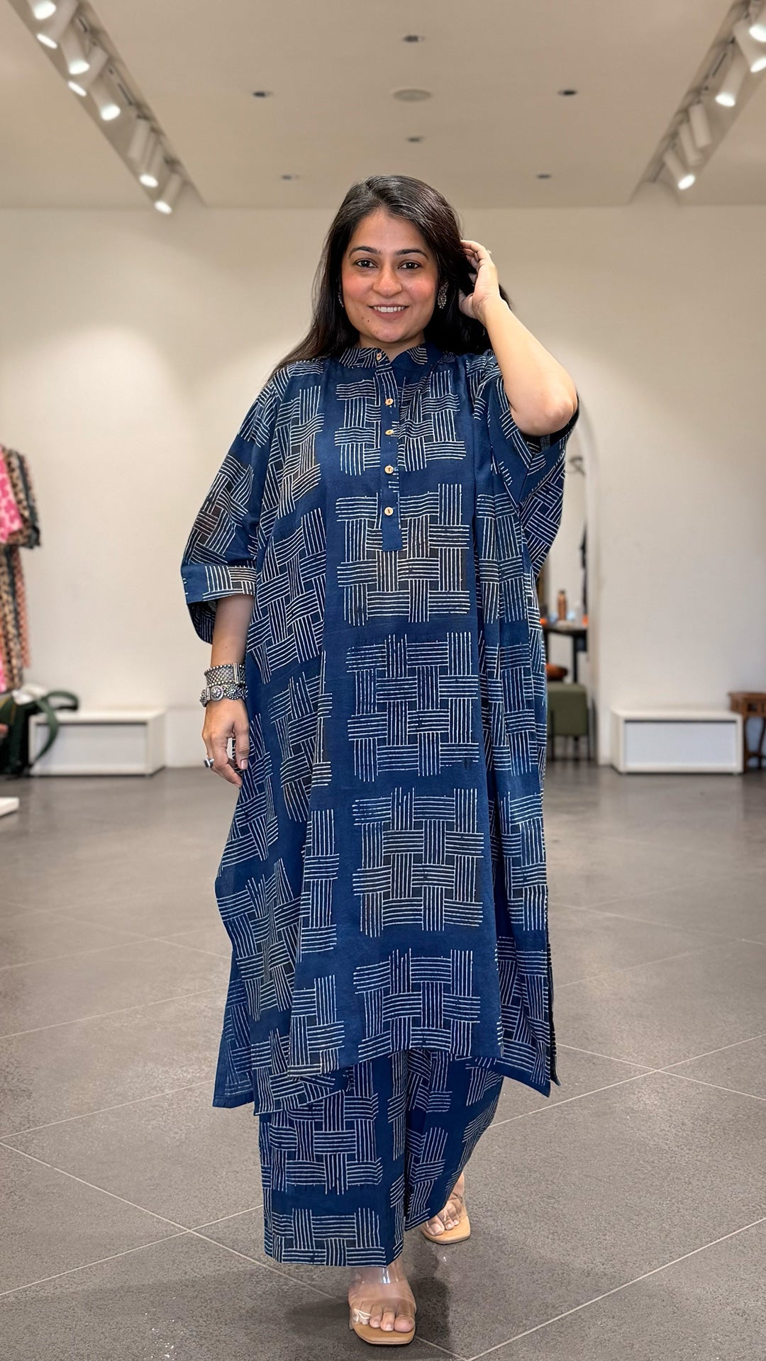 Jessica Ajrakh Cotton Kaftan Co-ord - Indigo