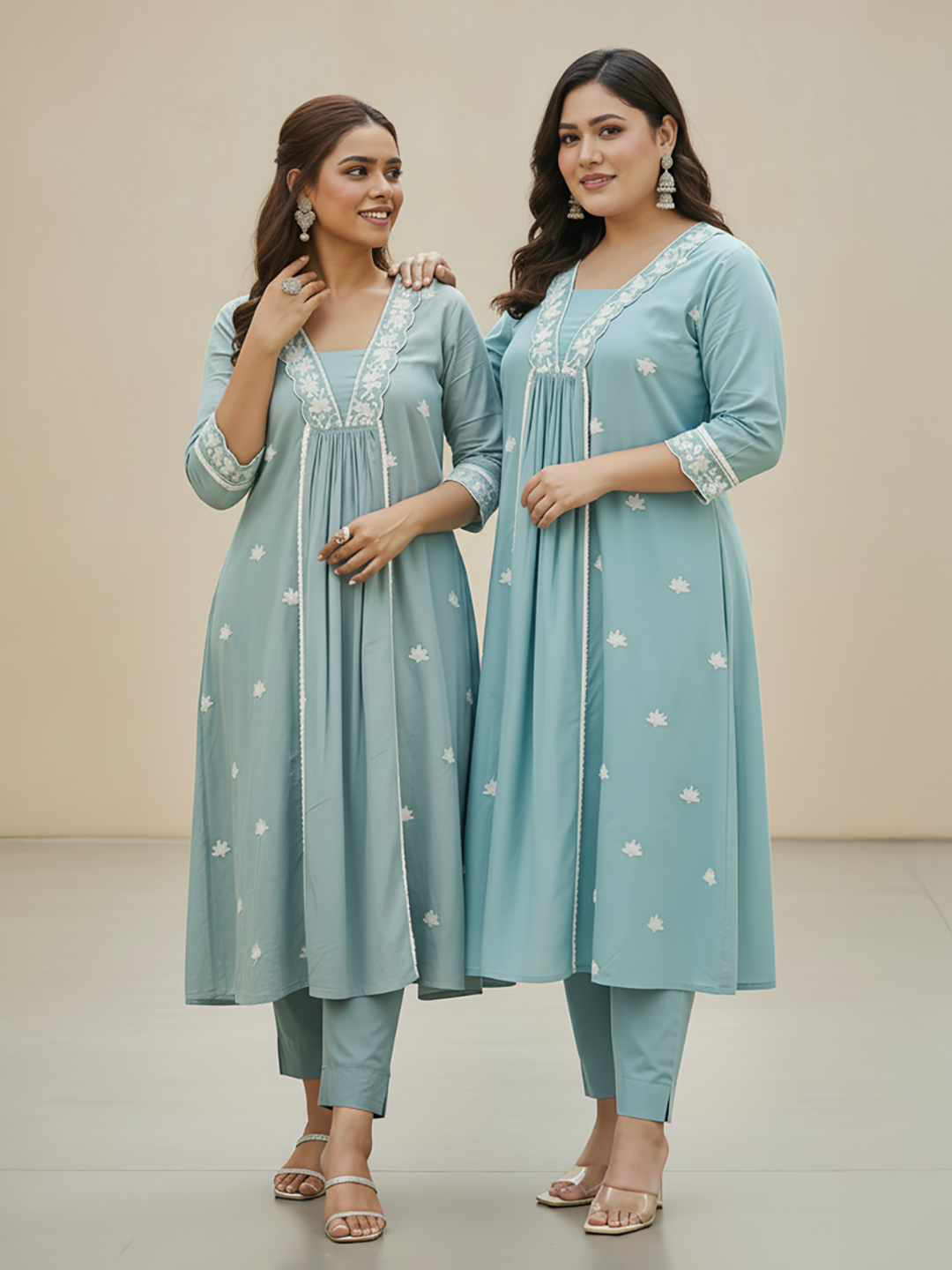 Niva's Women's Plus Size Light Blue Pure Cotton Embroidered A-line Kurta Pant Set