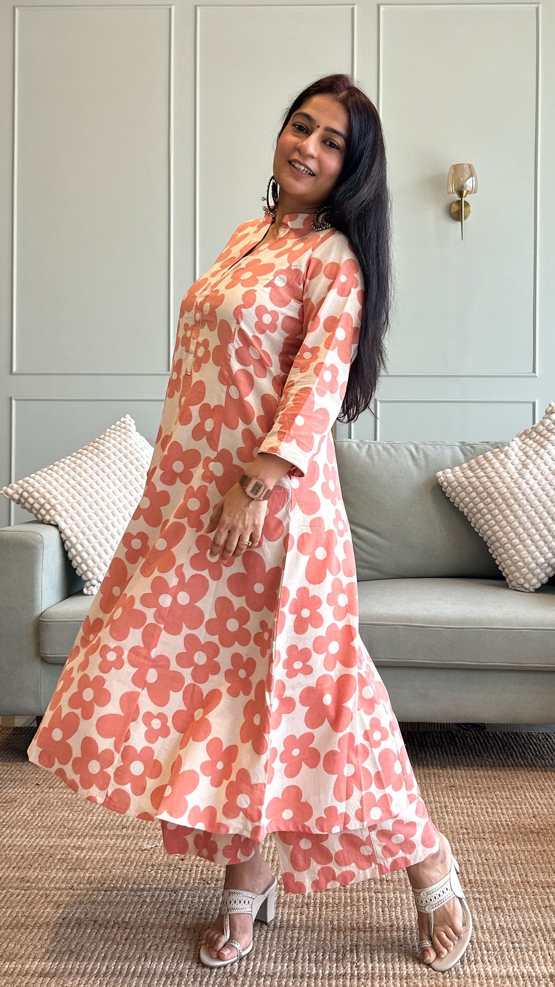 Kriva - Peach Floral Kali Kurta In Cotton