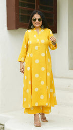 Yellow Polka Dots Kali Kurta In Cotton