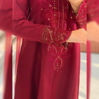 Naina Scarlet Maroon Embroidered Frock Set