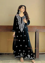 Gitanjali Black Cotton Chikankari Straight Kurta Set