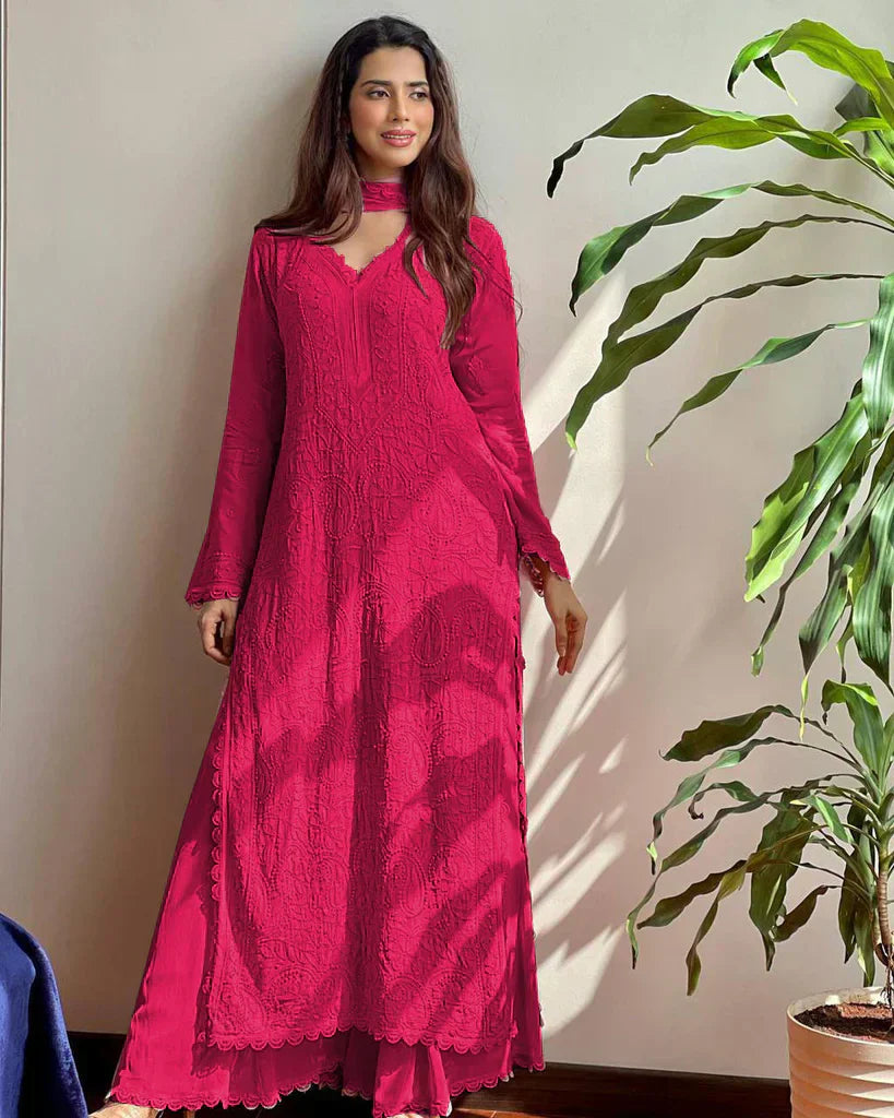 Devika Dark Pink Chikankari Kurta Palazzo Set