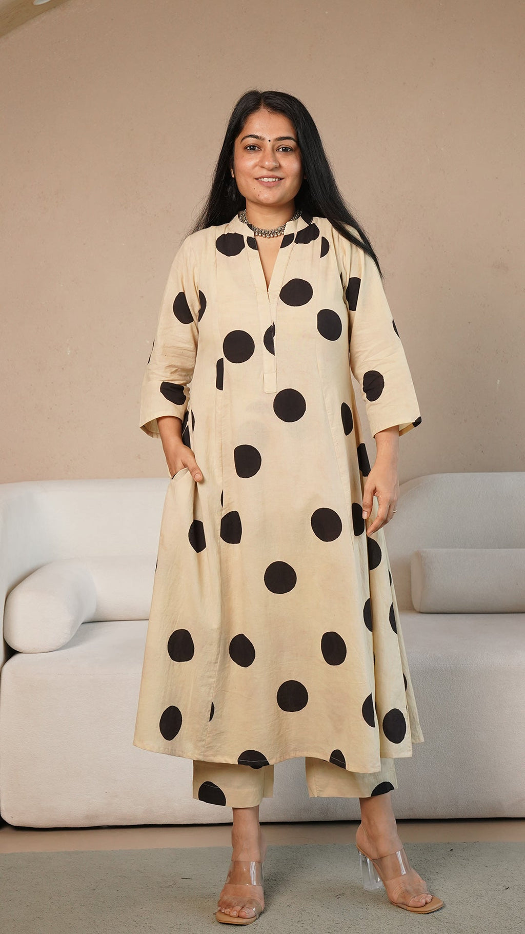 Kriya Polka Dots Hand Block Kali Cotton Kurta - Beige/Black