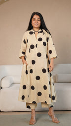 Kriya Polka Dots Hand Block Kali Cotton Kurta - Beige/Black