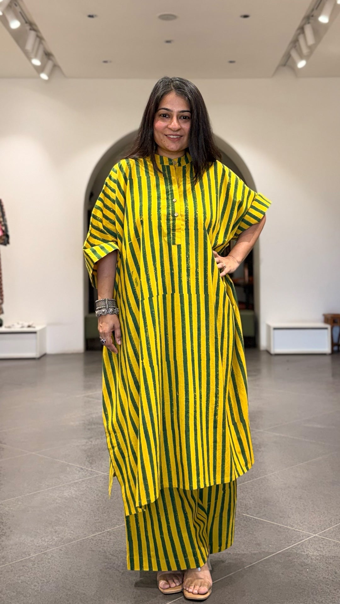 Joe Ajrakh Cotton Kaftan Co-ord - Yellow/Green