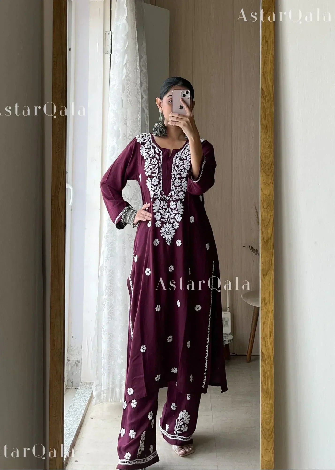 Charita Wine Cotton Chikankari Straight Kurta Set