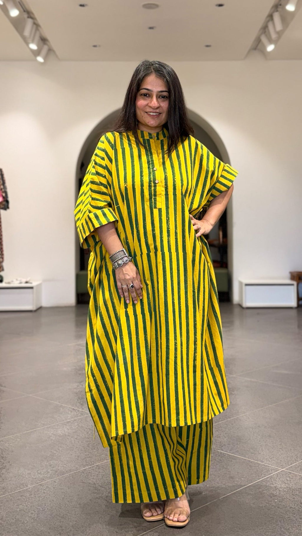 Joe Ajrakh Cotton Kaftan Co-ord - Yellow/Green