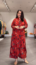 Antara Ajrakh Handblock Kurta In Cotton - Red