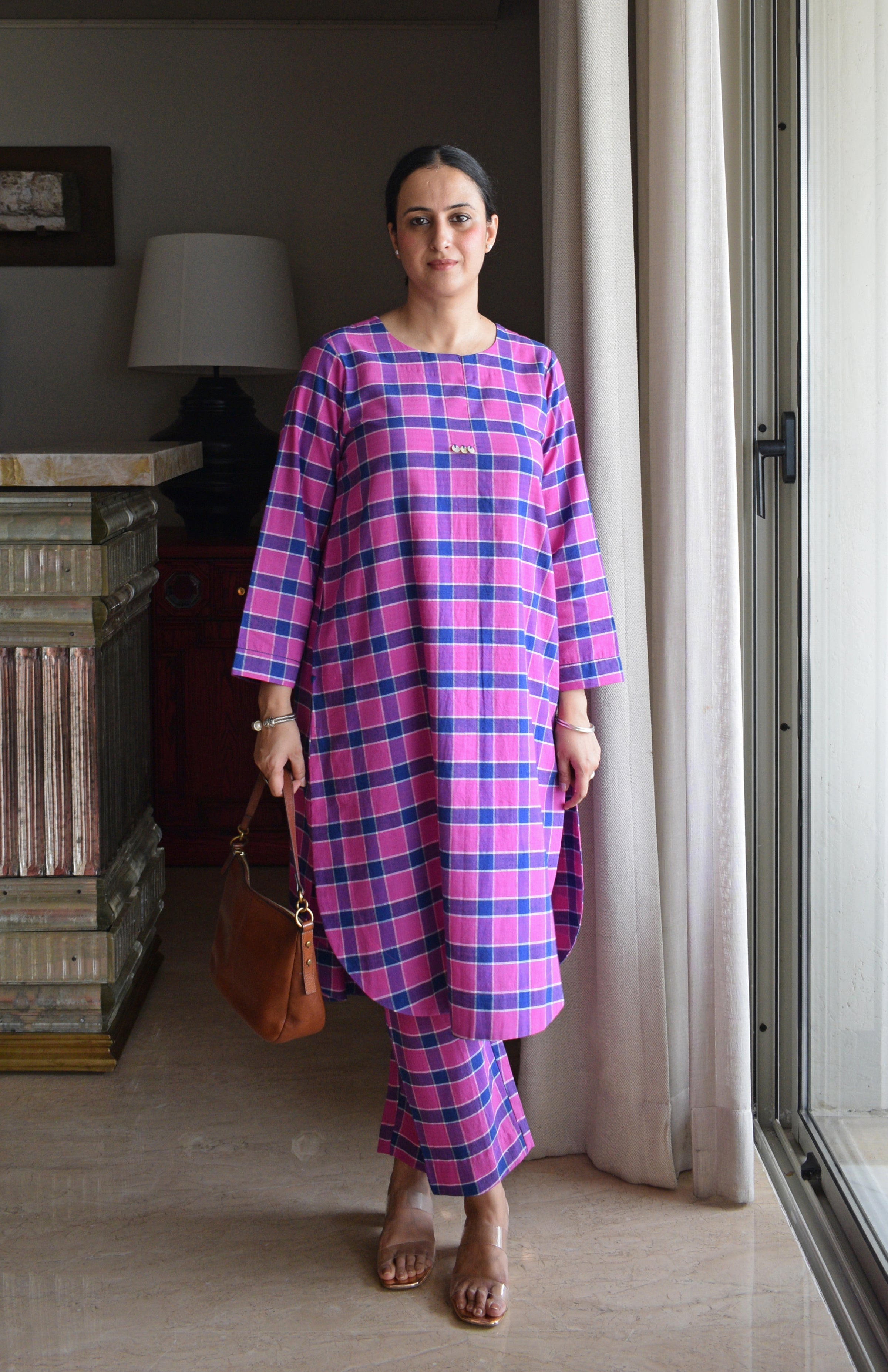 Orchid Pink Co-ord Set in Handwoven Cotton Checks
