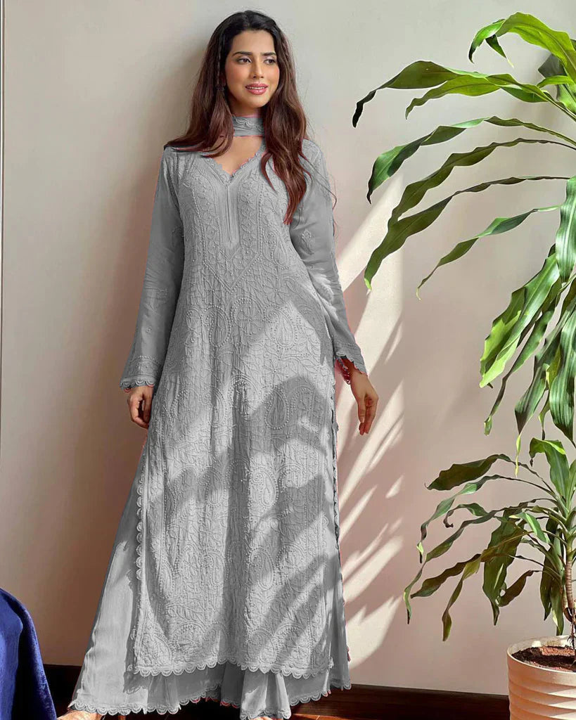 Chitrali Grey Chikankari Kurta Palazzo Set