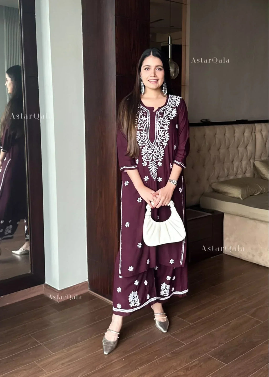 Charita Wine Cotton Chikankari Straight Kurta Set