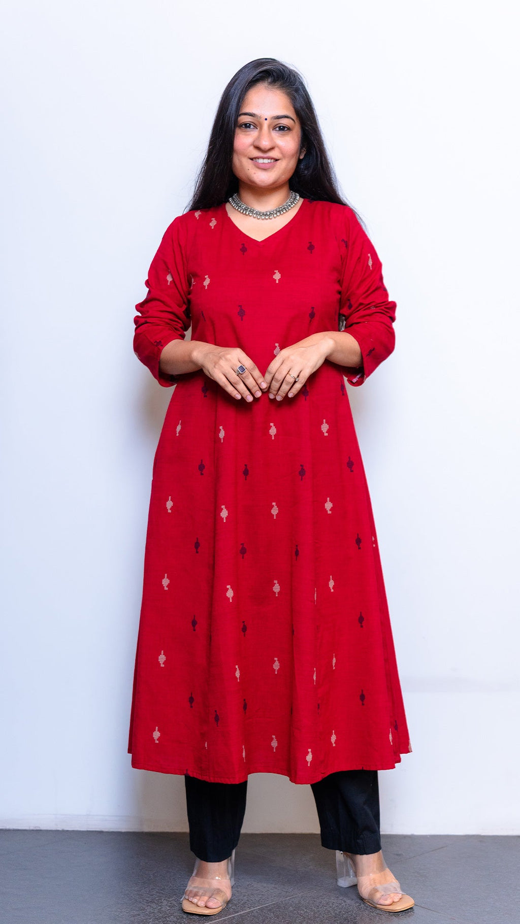 Adah Red Hand Woven Kali Kurta