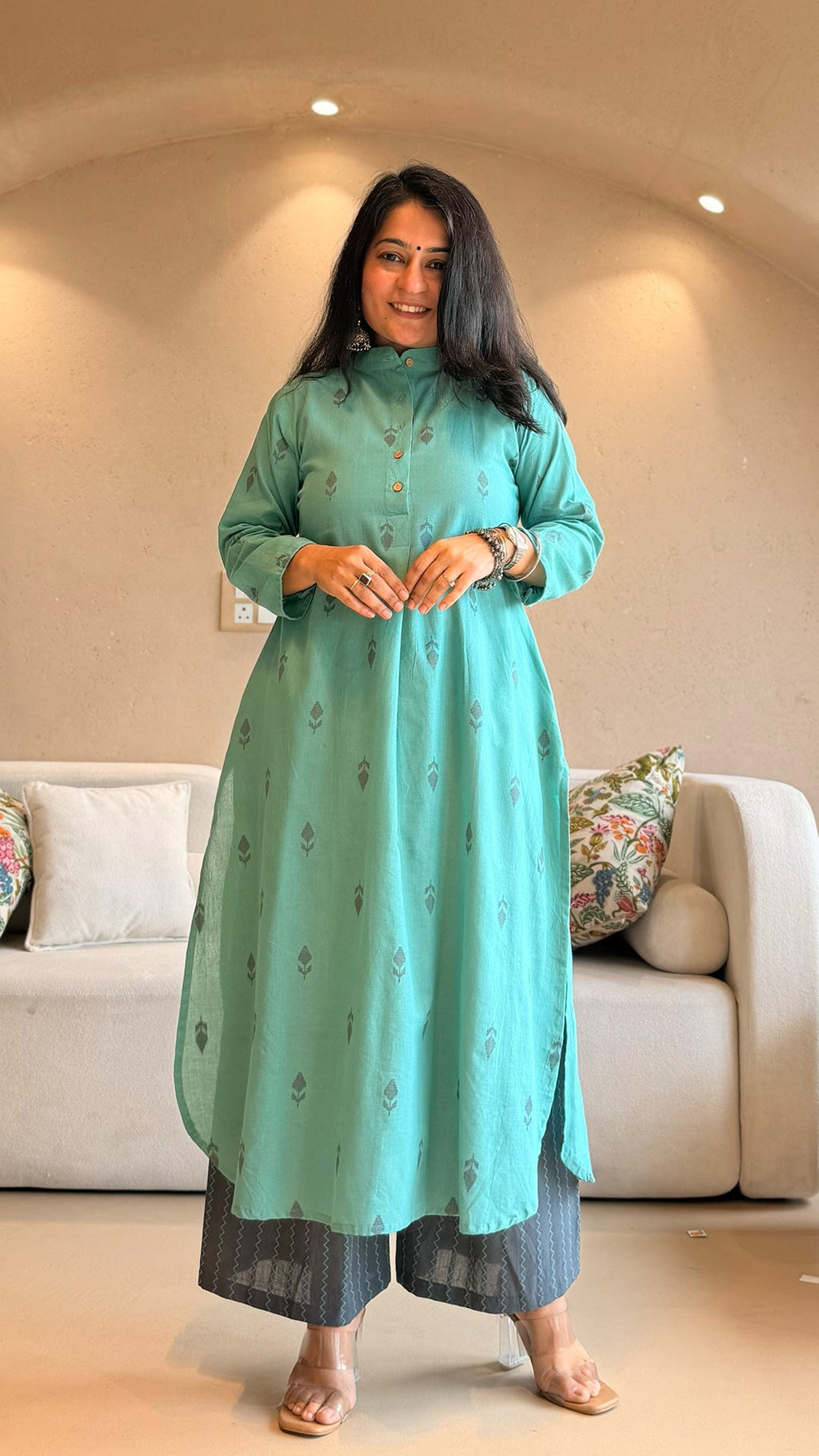 Mehaa Hand Woven Cotton Kurta - Turquoise
