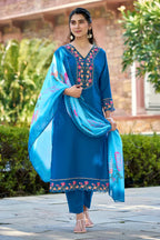 Anaya Teal Blue Embroidered Straight Kurta Set