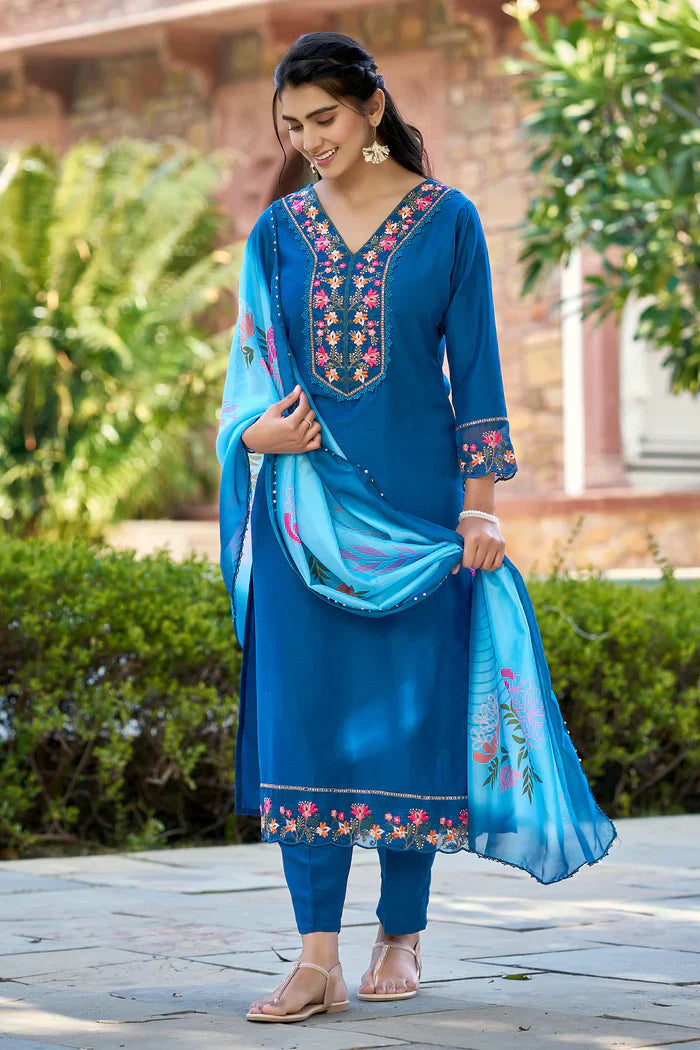 Anaya Teal Blue Embroidered Straight Kurta Set
