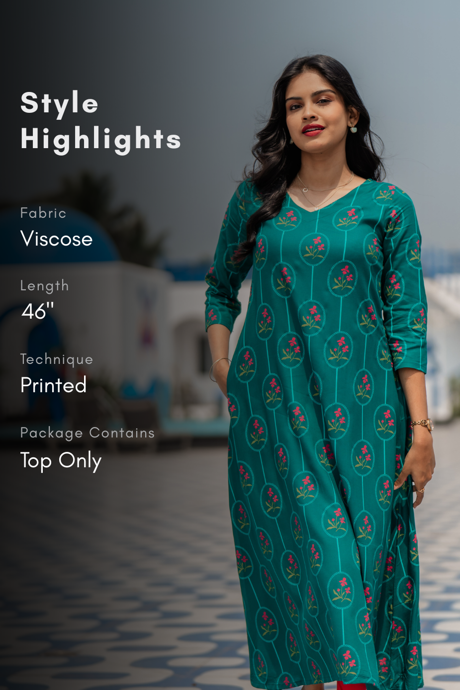 Aara Bloom Green Viscose A-Line Kurta with V-Neck & 3/4th Sleeves