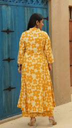 Kosha - Yellow Floral Kali Kurta In Cotton
