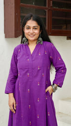 Veda Flower Motif Hand Woven Kali Cotton Kurta - Purple