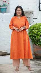 Urja Hand Woven Golden Zari Motif Kali Cotton Kurta - Orange