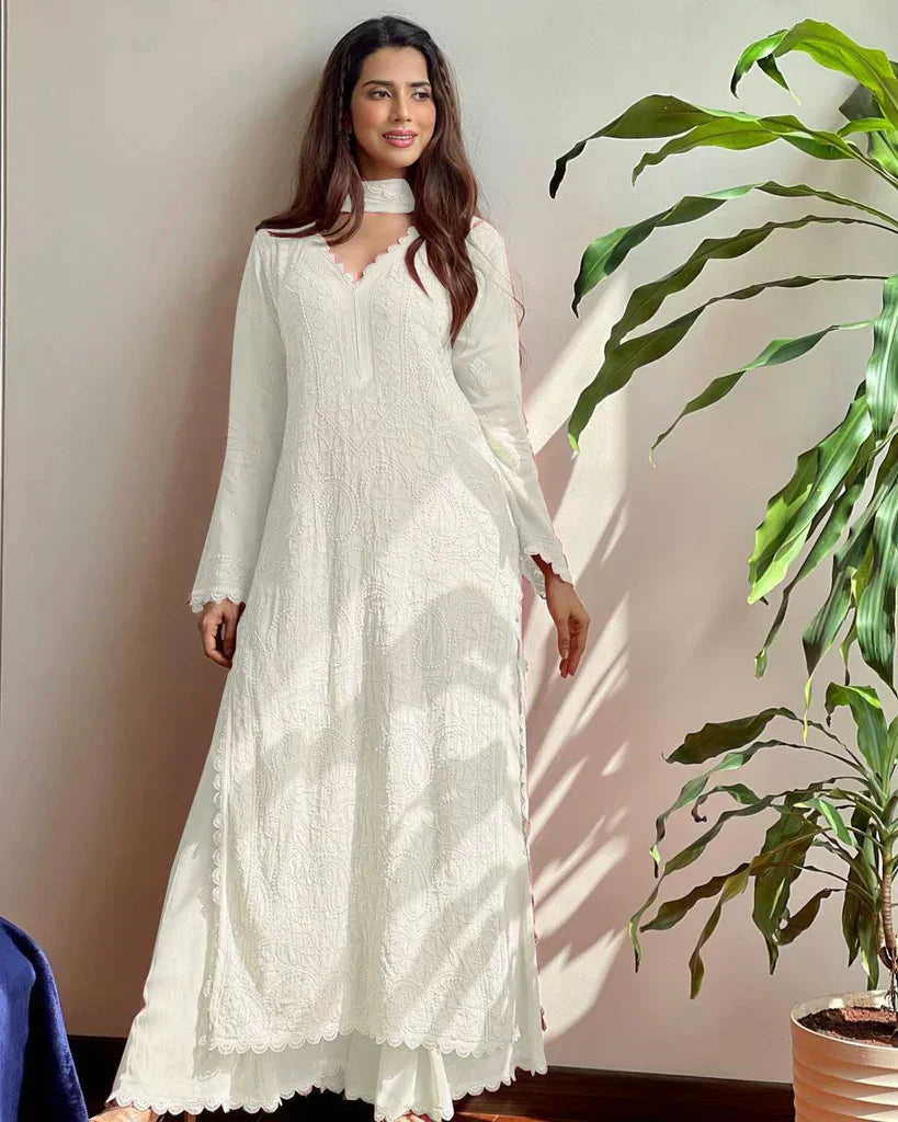 Iyla White Chikankari Kurta Palazzo Set