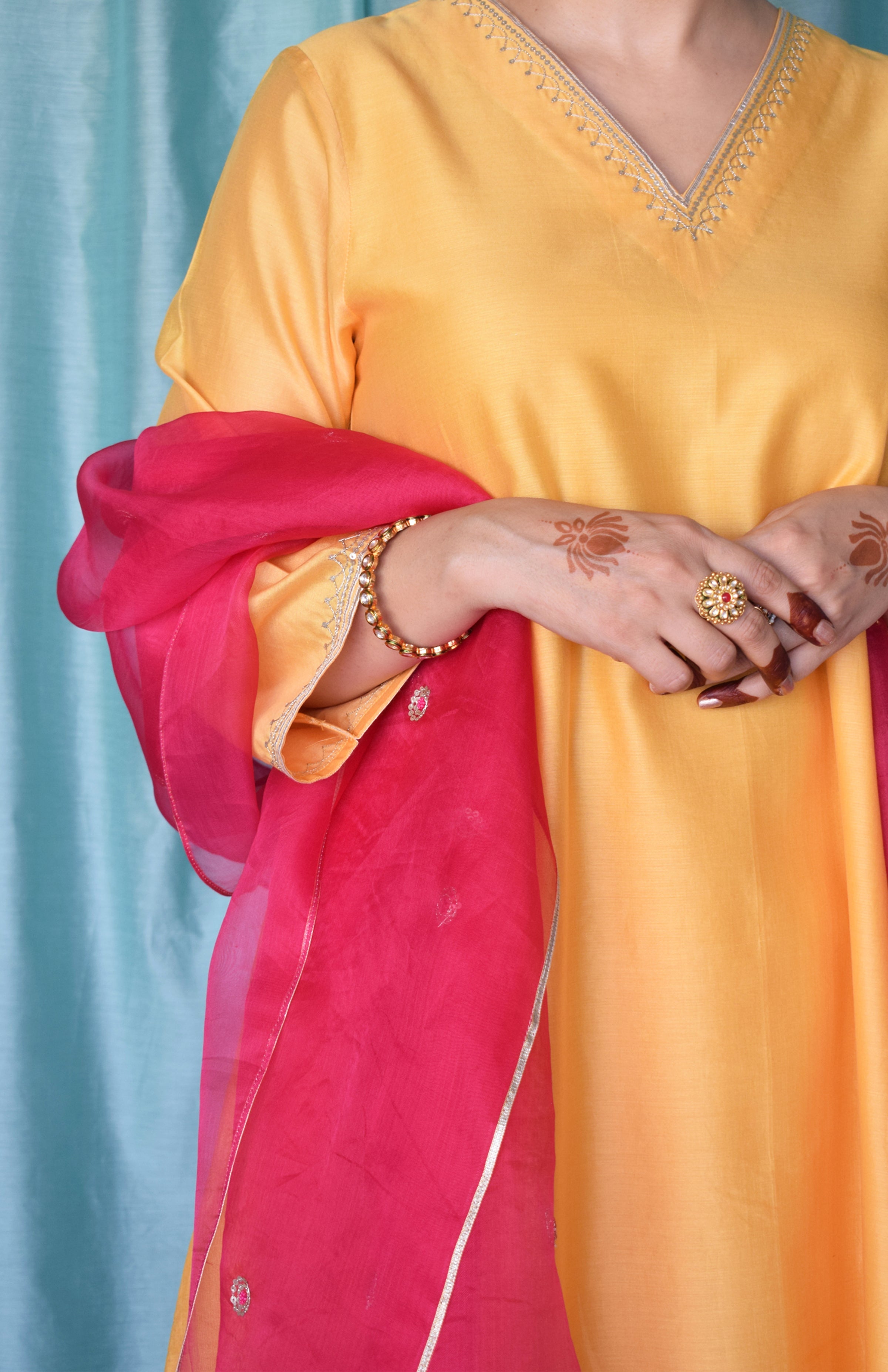 Kanak Chanderi Set with Hand Embroidered A line Kurta and Wide Legged Pyjama