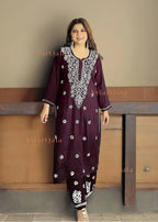 Charita Wine Cotton Chikankari Straight Kurta Set