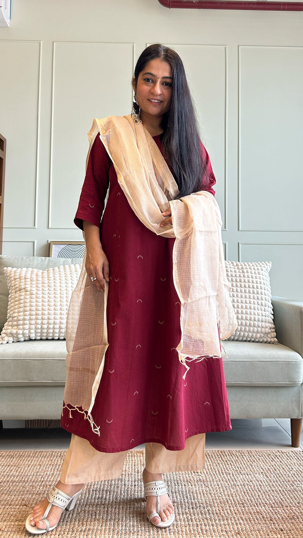 Ziva Chand Motif Hand Woven Kali Cotton Kurta - Maroon
