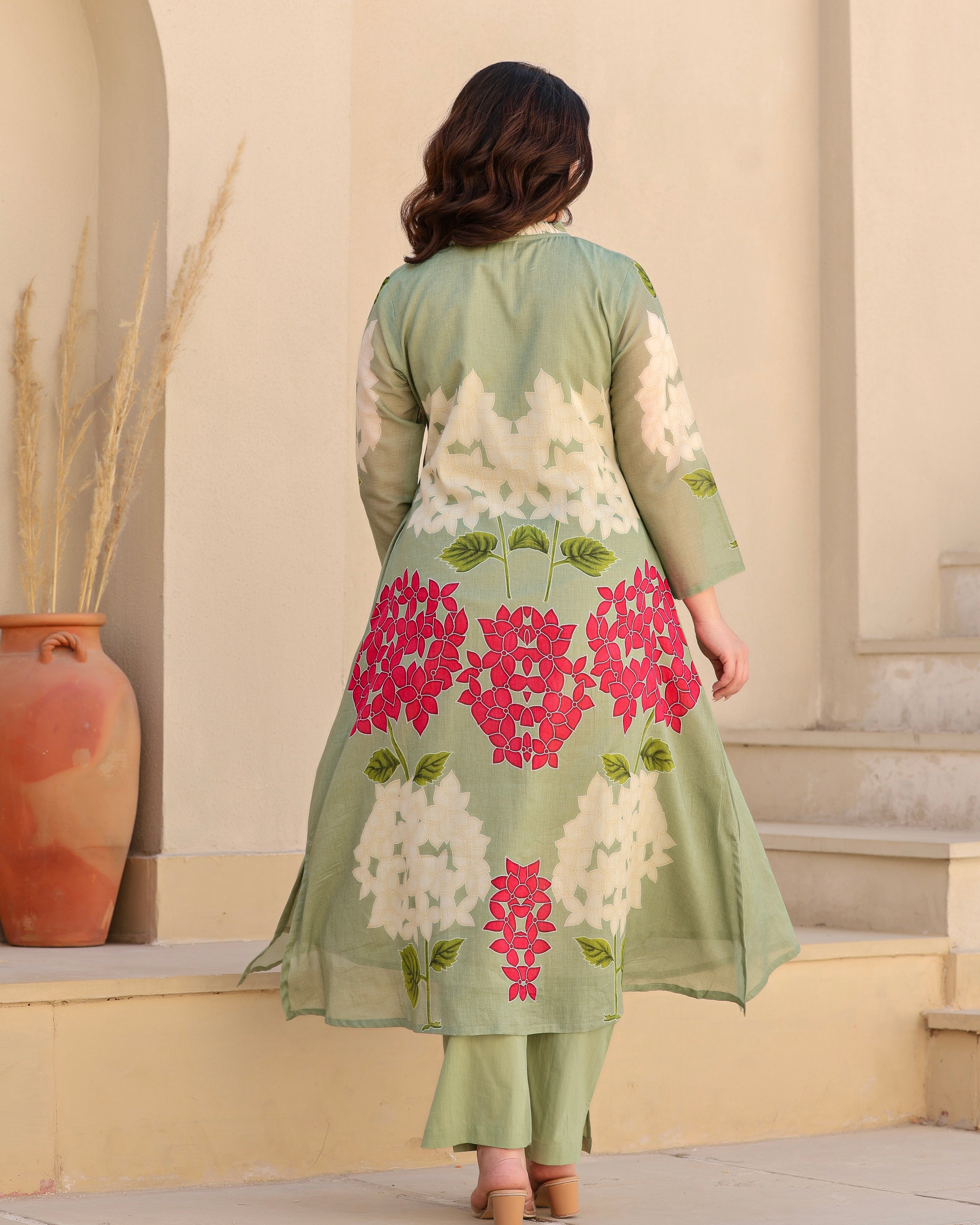 Olive Green Bloom Pintex Mul Cotton A Line Kurta Set
