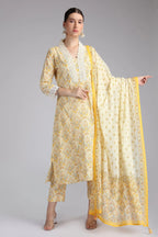 Cream Cotton Printed A Line Kurta Pant and Dupatta Suit Set