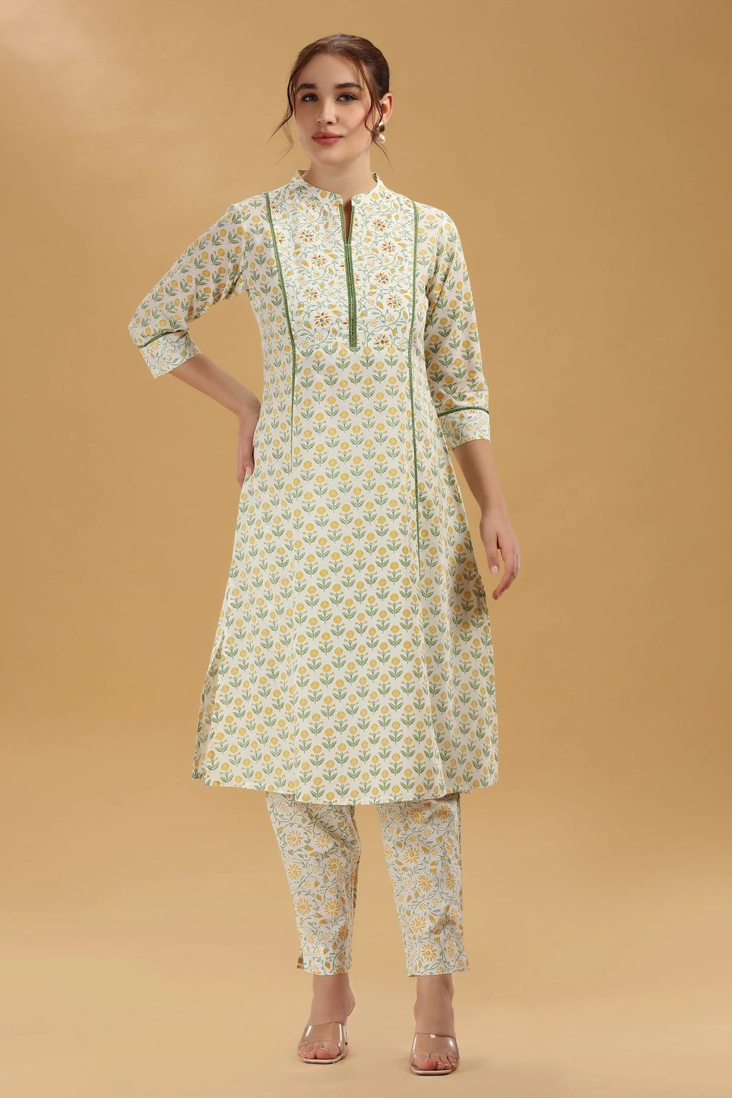 Cream & Green Jaipuri Cotton Printed A Line Kurta Pant Co ord Set