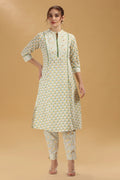 Cream & Green Jaipuri Cotton Printed A Line Kurta Pant Co ord Set