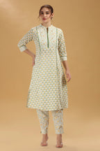 Cream & Green Jaipuri Cotton Printed A Line Kurta Pant Co ord Set