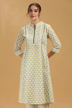Cream & Green Jaipuri Cotton Printed A Line Kurta Pant Co ord Set