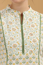 Cream & Green Jaipuri Cotton Printed A Line Kurta Pant Co ord Set