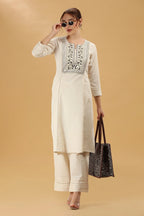 Cream Embroidered Flex Cotton Straight Kurta