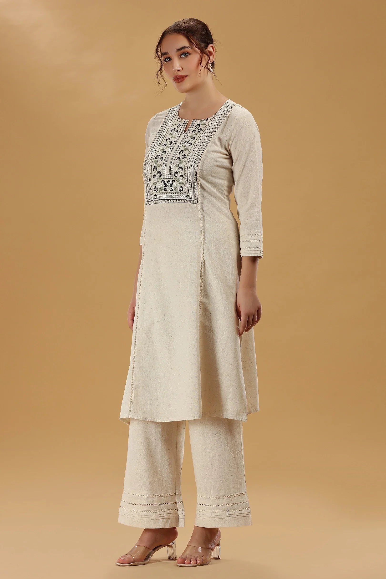 Cream Embroidered Flex Cotton Straight Kurta