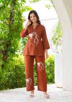Brown Rust Embroidered Cotton Slub Co-Ord Set