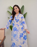 Blue Floral A Line Cotton Kurta Set