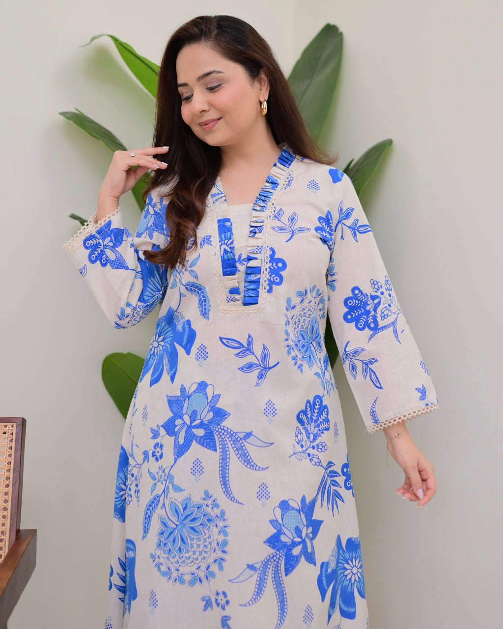 Blue Floral A Line Cotton Kurta Set