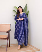 Navy Blue Floral Cotton Suit