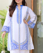 White Blue Moroccan Pakistani Cotton Linen Co-ord