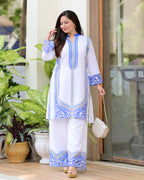 White Blue Moroccan Pakistani Cotton Linen Co-ord