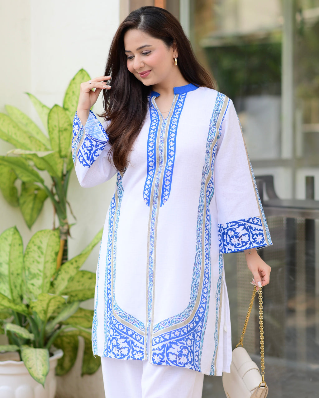 White Blue Moroccan Pakistani Cotton Linen Co-ord
