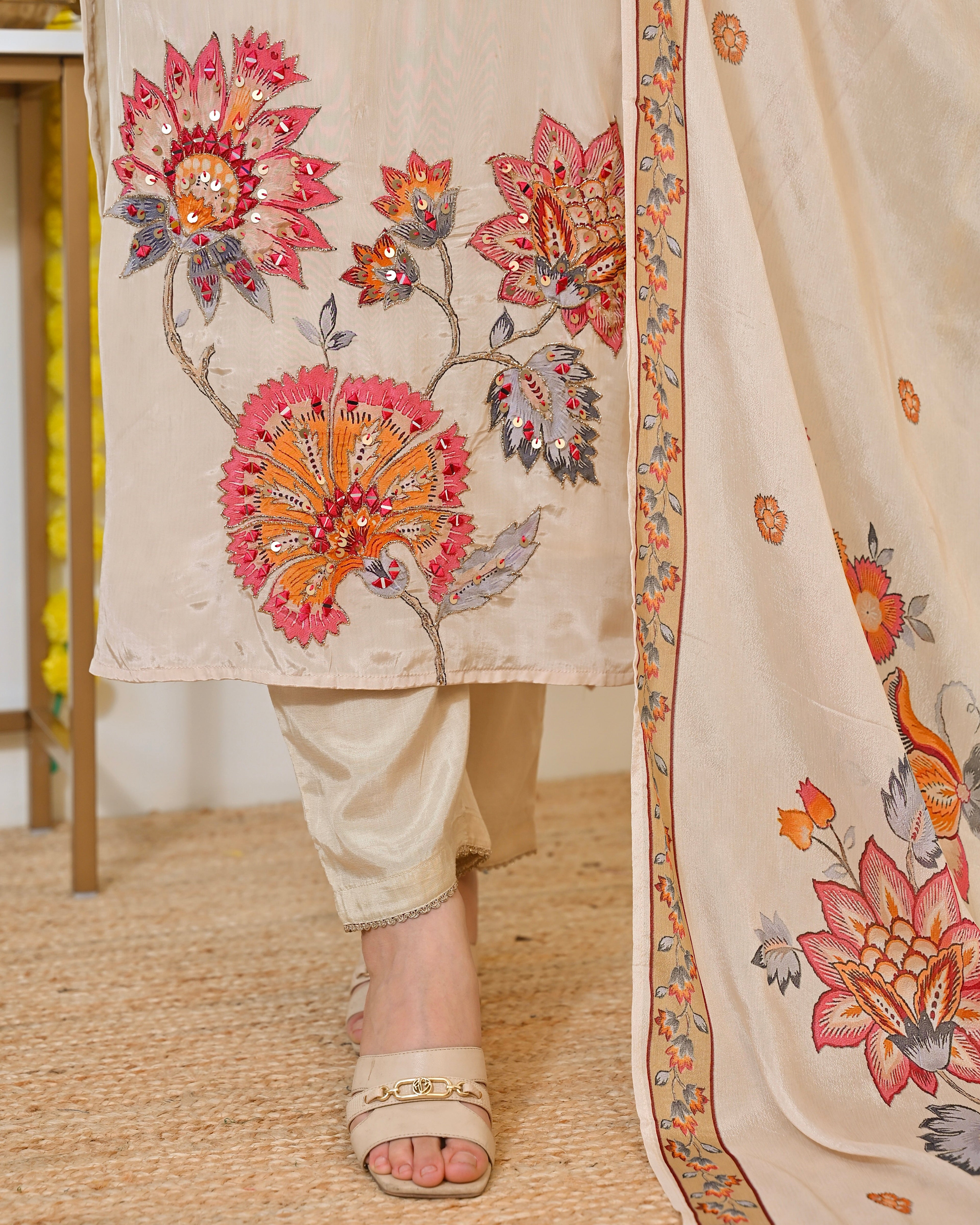 Ivory Gulbahaar Natural Crepe Handwork Festive Suit