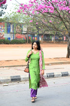 Parrot green Pure Kota hand embroidered  Kurta Set